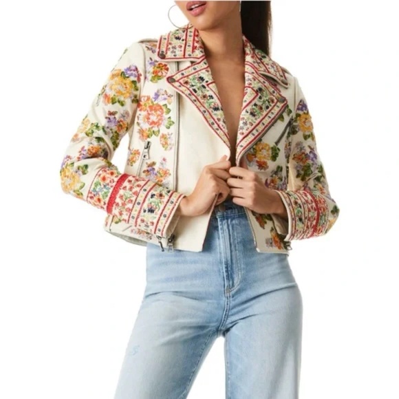 Alice + Olivia Cody Embellished Moto Leather Jacket Floral White - Picture 5 of 11